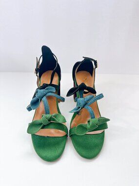 Size 8 Colorblock Bow Heels Sandals Green Blue Black Strappy Block Heels XYD